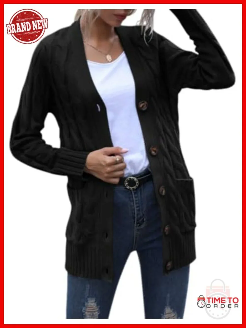 Cardigan Sweater for Women Cable Knit Open Front Button Chunky Long Sleeve